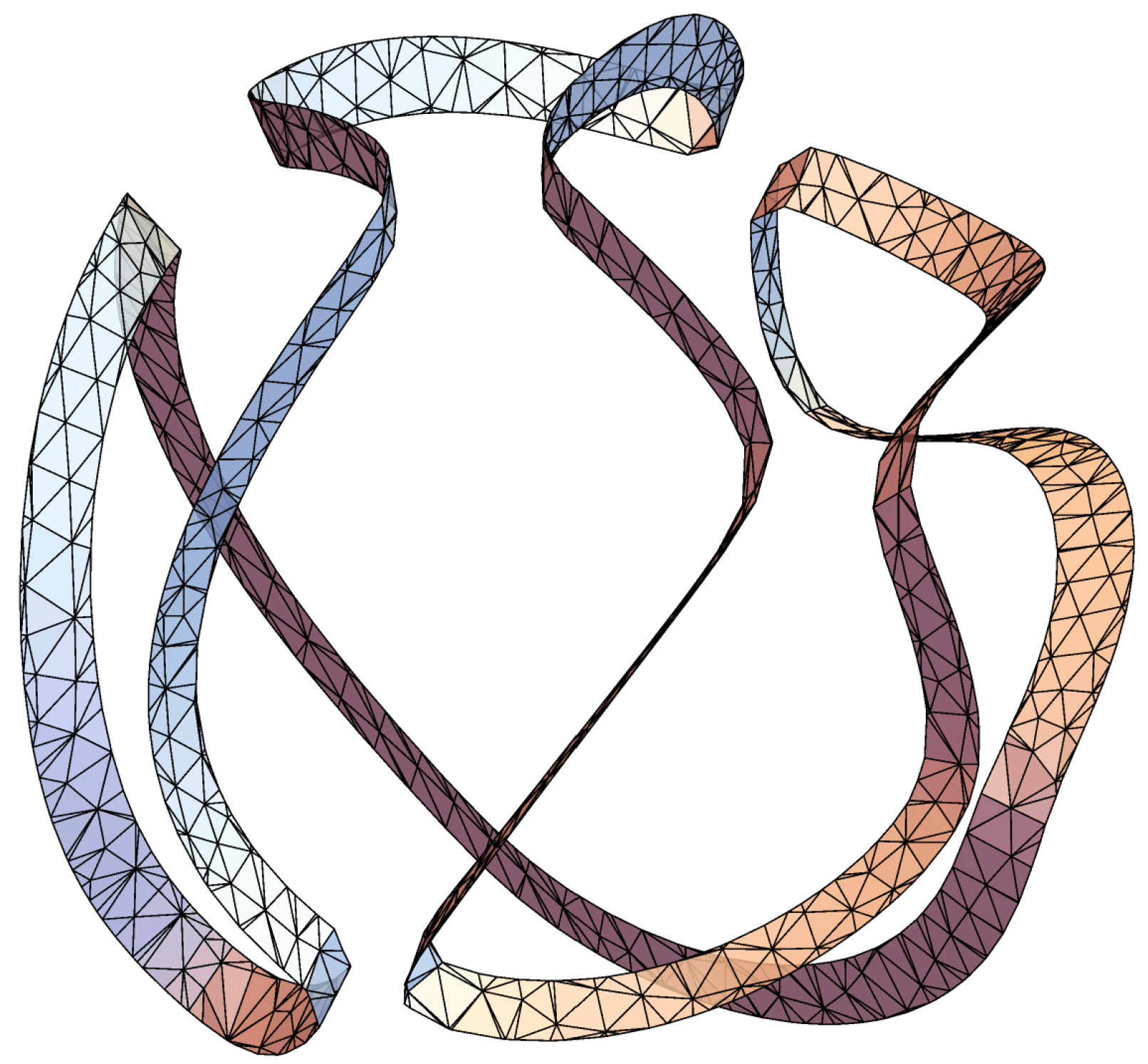 Example of the zero set of a degree 5 homogeneous caloric polynomial in R^{2+1} with two nodal domains. For increased visibility, we show the zero set intersected with the unit sphere